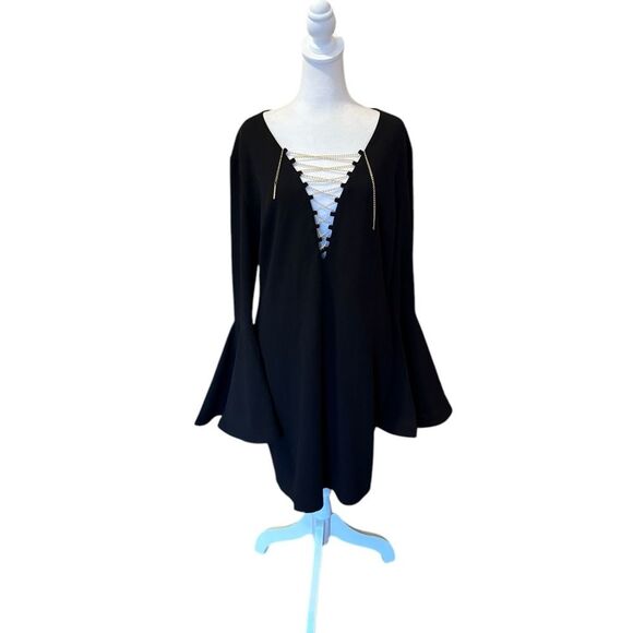 Xtaren Black Bell Sleeve Mini Dress with Lace Up Detail Womens Size 1X - Picture 1 of 12